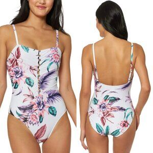 Jessica Simpson White Floral Island One Piece Swimsuit Size L NWOT